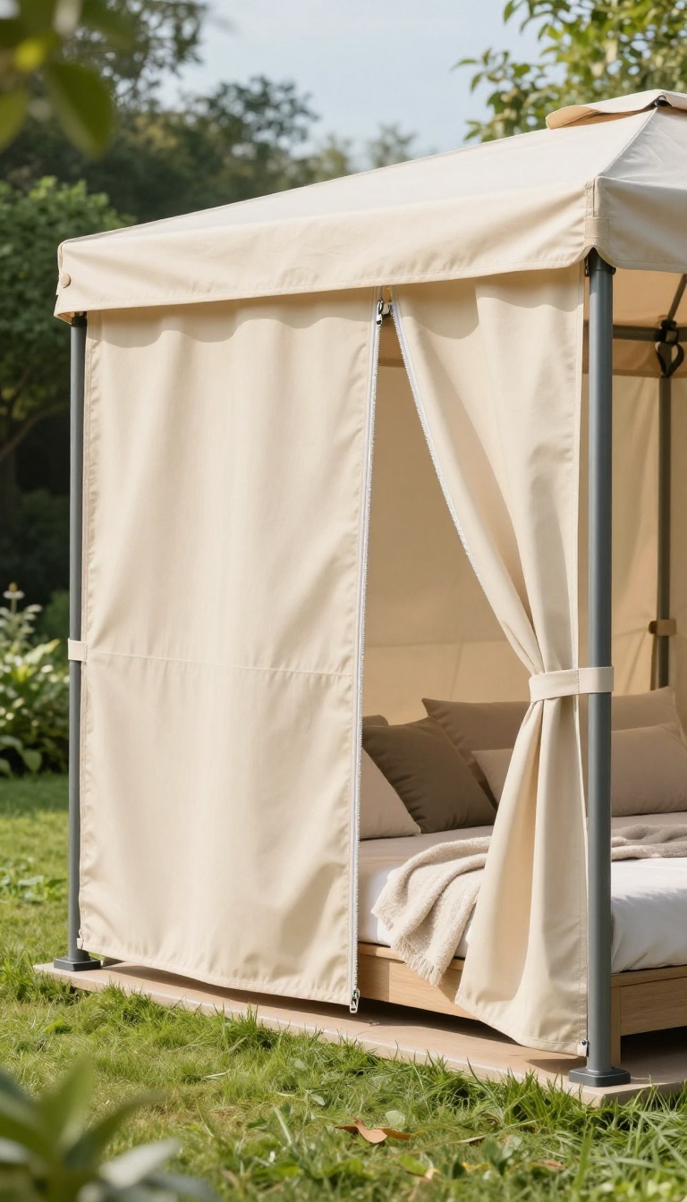 Backyard gazebo with adjustable fabric enclosure panels and zippered privacy curtains tied back in warm sunlight