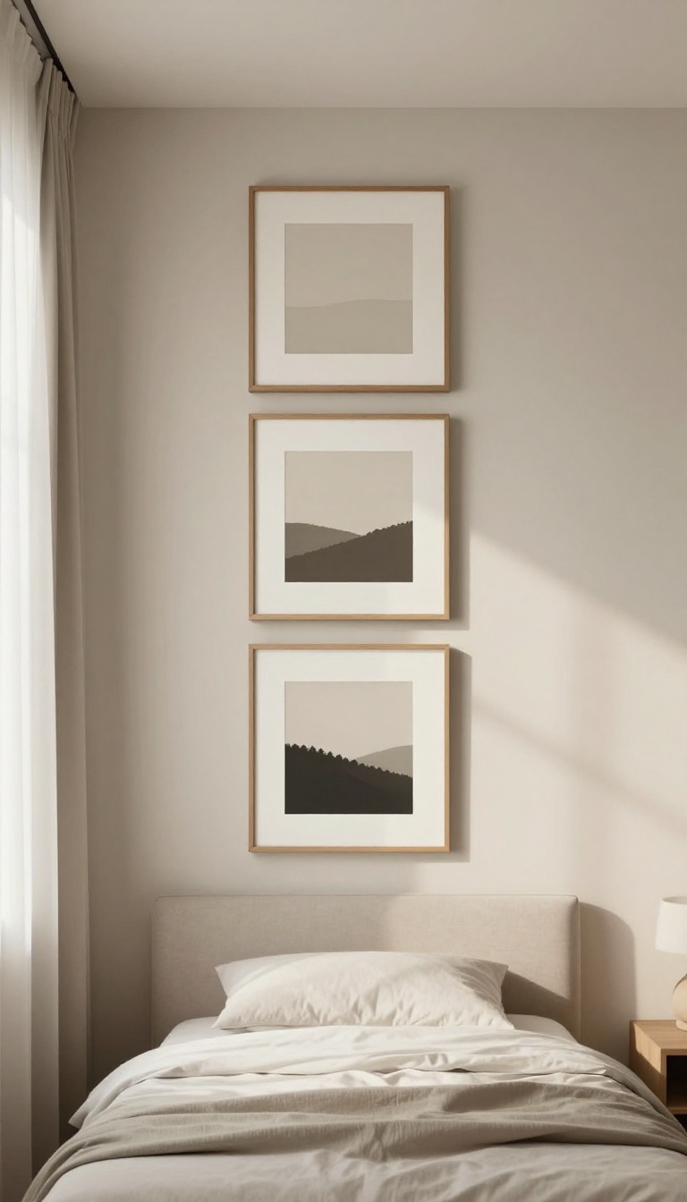 Small bedroom with a tall vertical stack of framed artwork hung high on the wall above a bed, making the ceiling feel taller in bright natural light