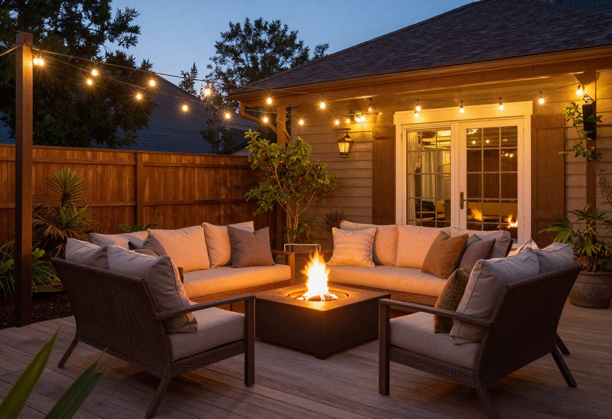 Warmly lit backyard patio at dusk with string lights and a glowing fire pit