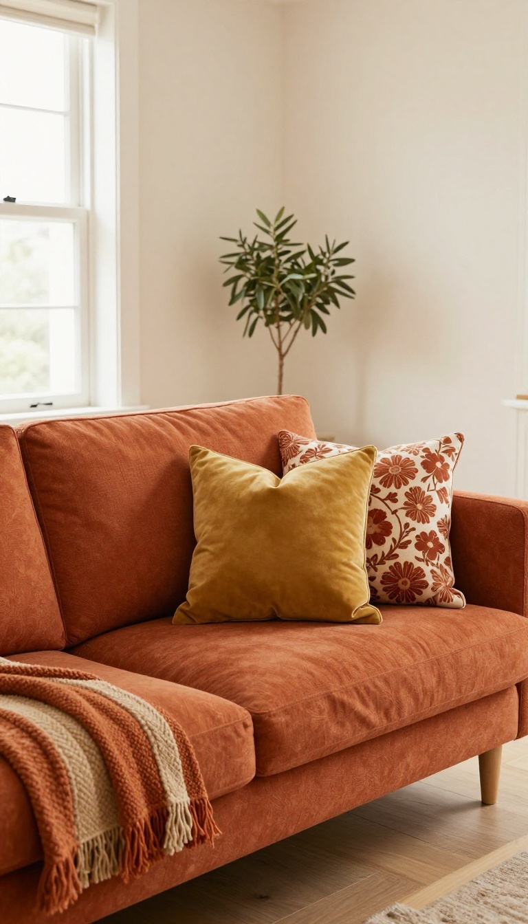 Bright living room with an orange couch styled with patterned floral and geometric pillows plus a striped throw in warm rust and cream tones.