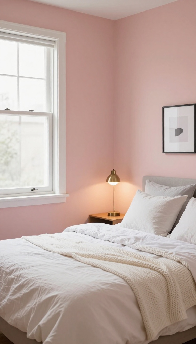 Small bedroom with a soft blush pink accent wall behind a bed dressed in white bedding and neutral pillows