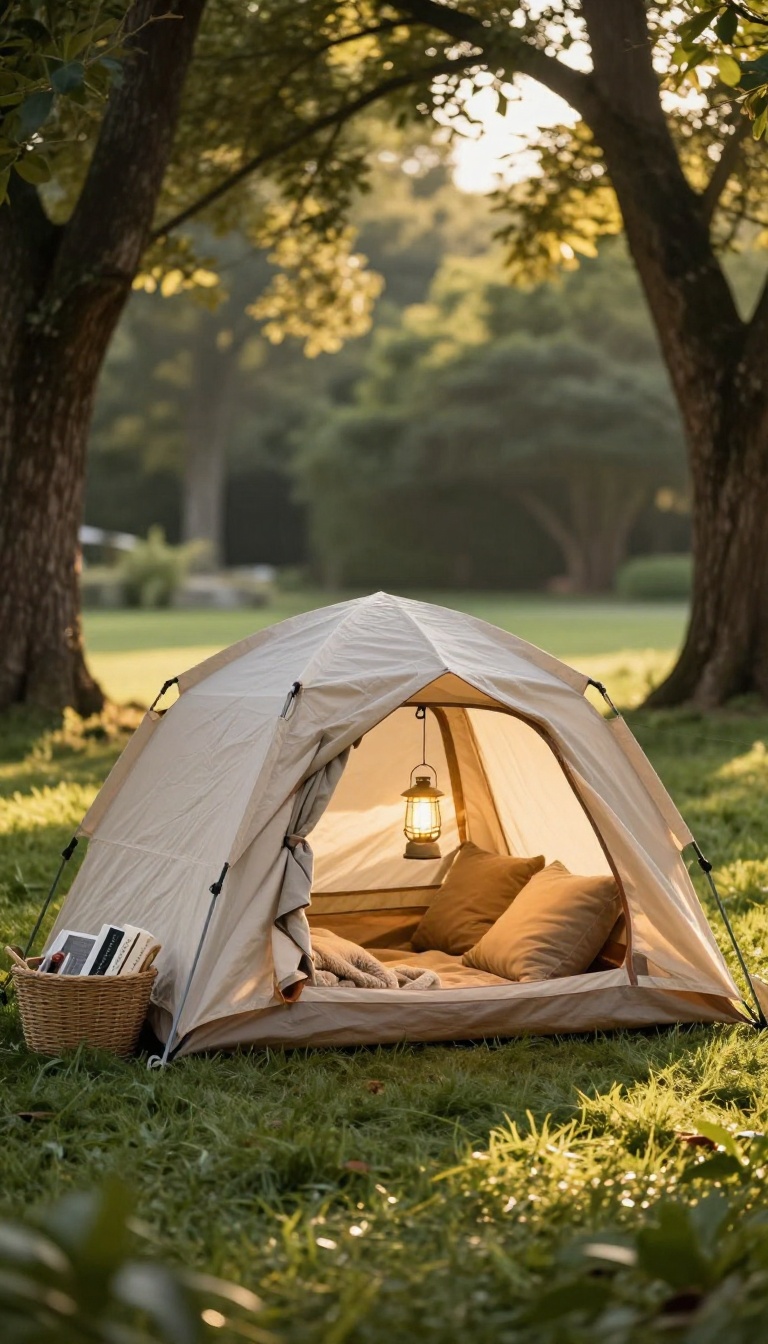 Cozy backyard camping reading nook with a small tent and hammock layered with pillows, blankets, and a warm lantern