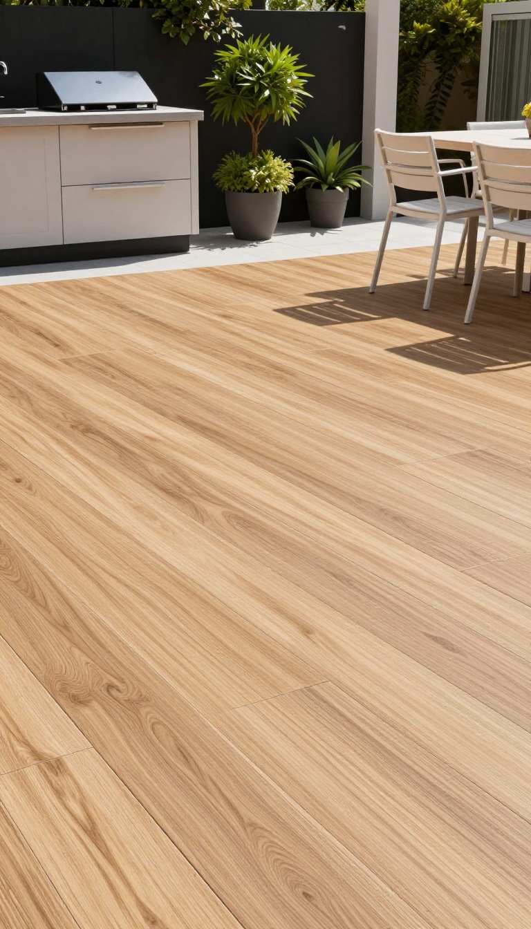 Modern patio with wood-look porcelain pavers in herringbone pattern, outdoor kitchen, and dining area in natural light