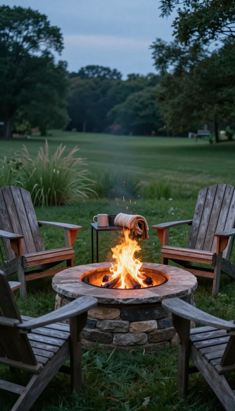 Cozy backyard fire pit with glowing flames surrounded by Adirondack chairs and blankets at dusk