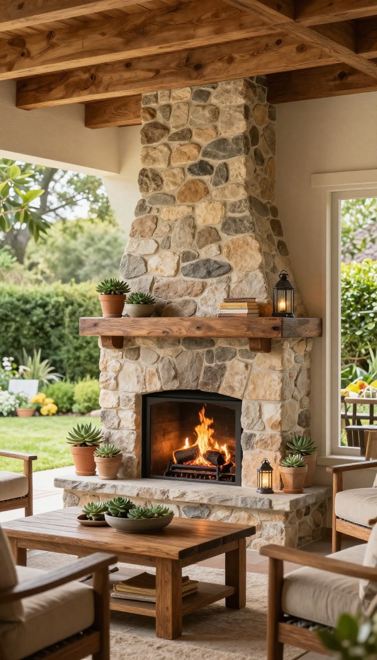 Covered patio with a stone fireplace and wooden mantel decorated with succulents, books, and a lantern, with warm fire glow and outdoor furniture.
