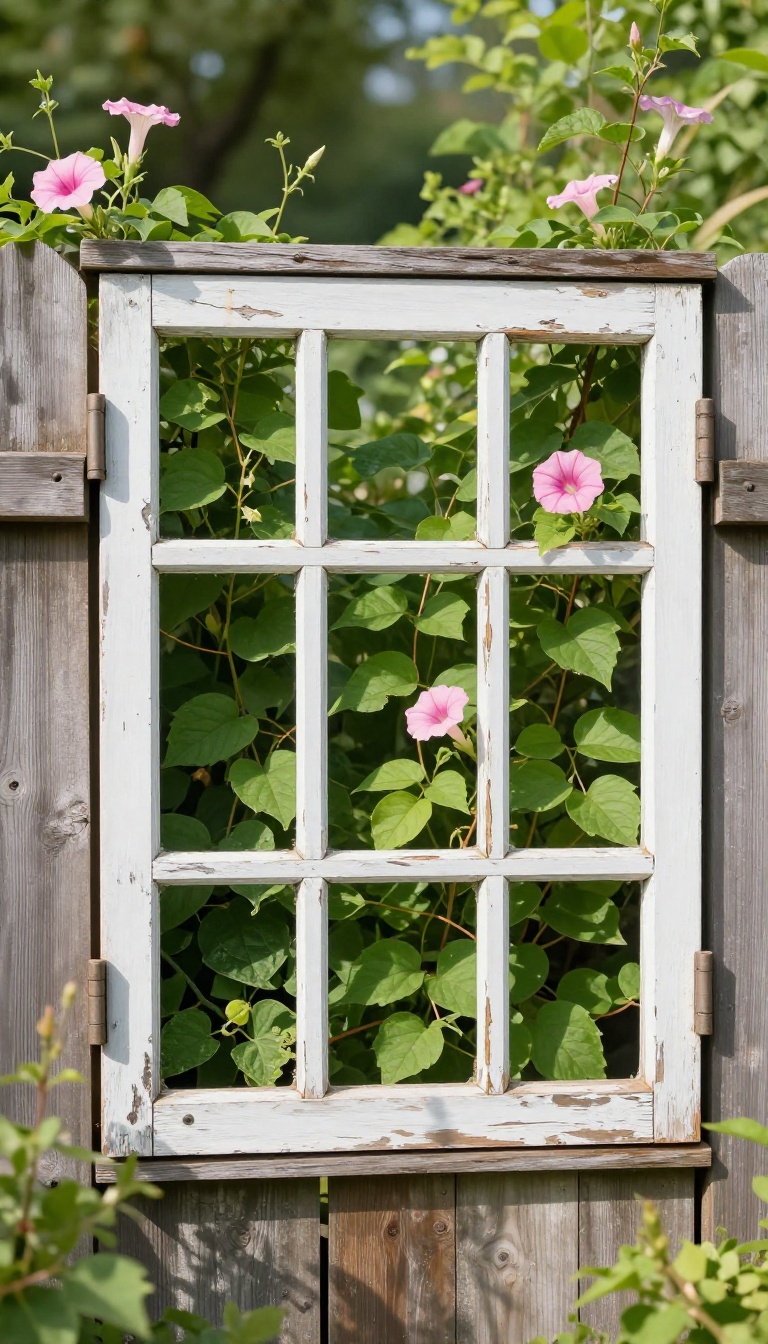 Upcycled vintage window frame hanging on a wooden fence with climbing vines and flowers weaving through it in a sunny backyard