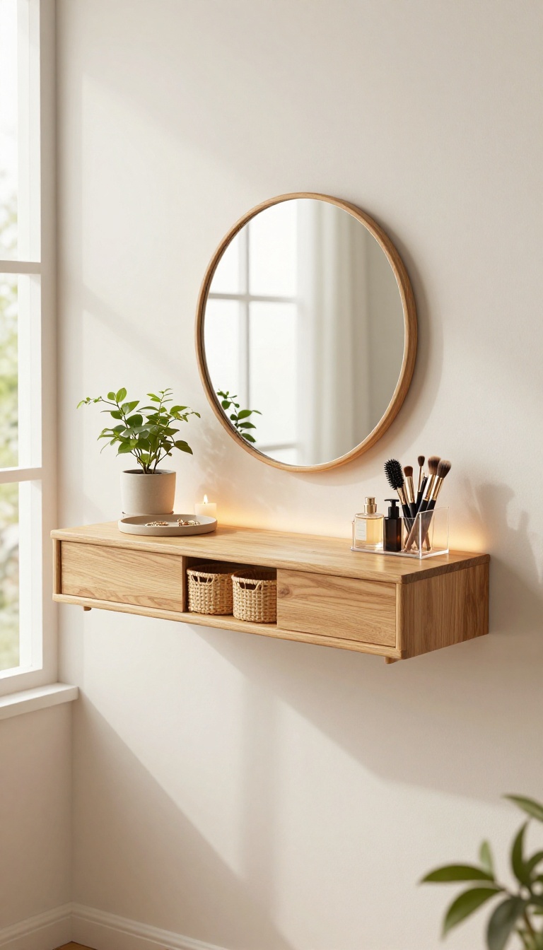 Small bedroom floating shelf vanity with hidden storage baskets, mirror, plant, and warm natural light