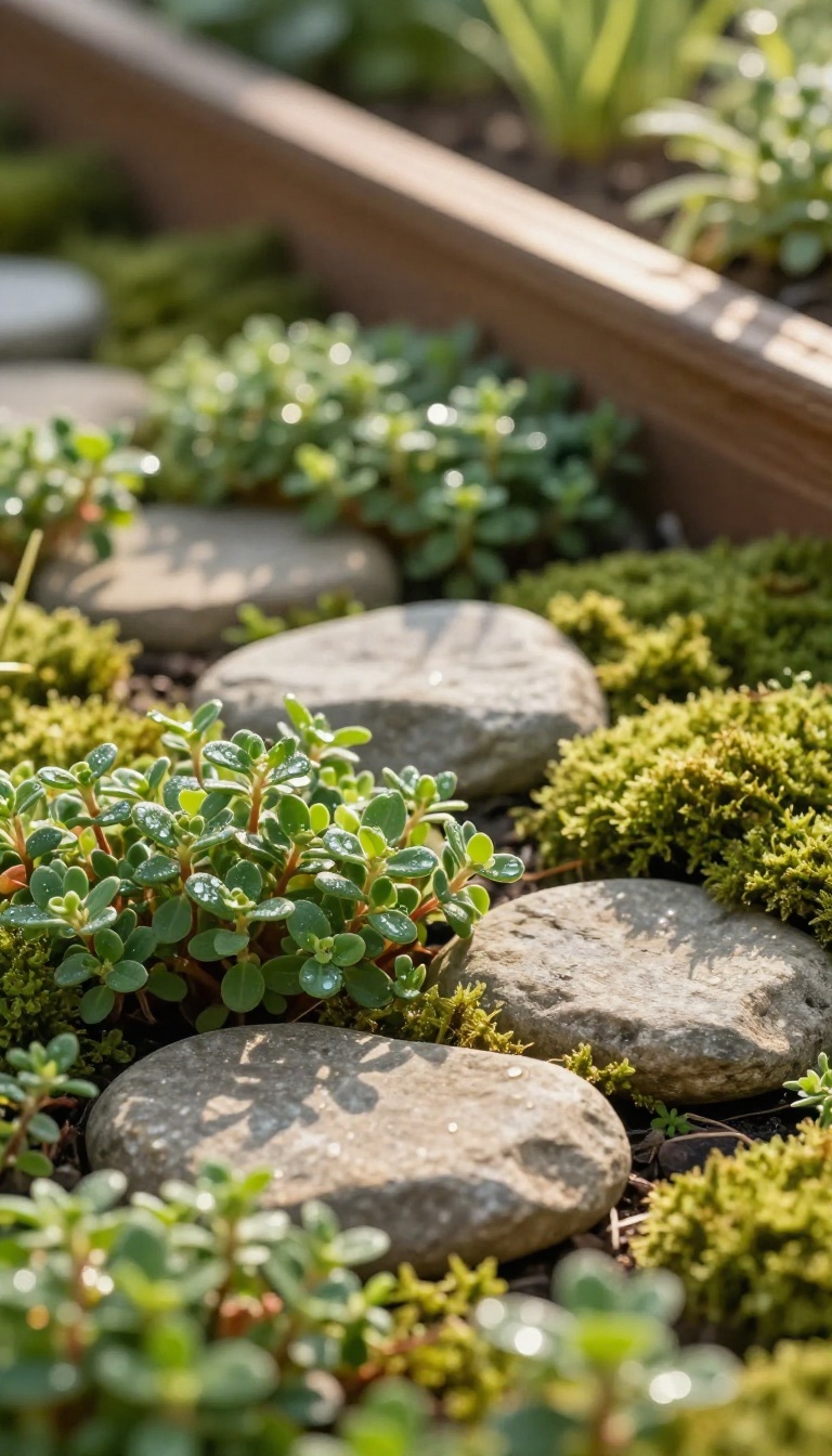 Low-growing ground cover plants filling gaps between stepping stones in a peaceful backyard memorial garden