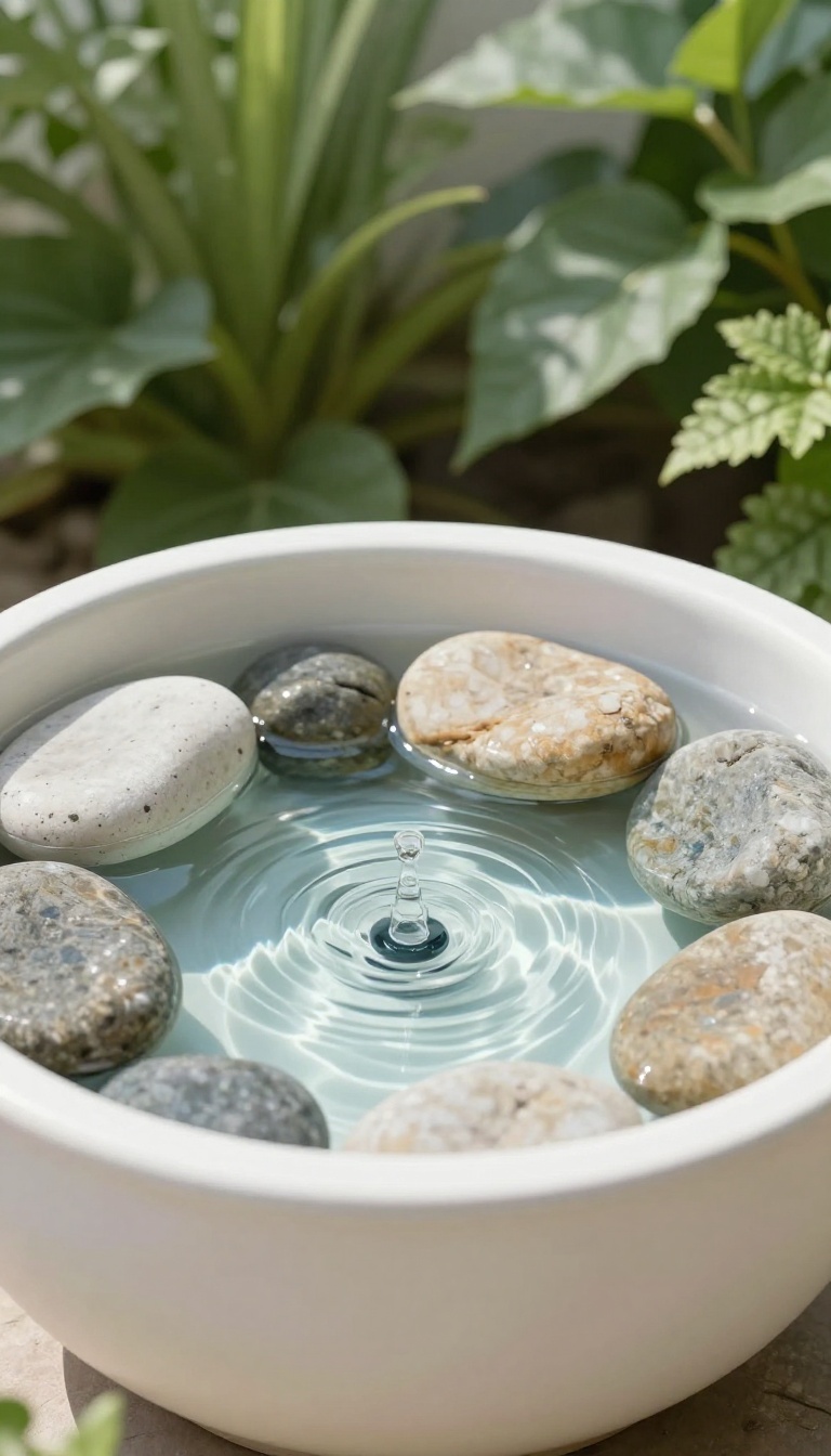 Glazed ceramic planter water feature with bubbling pump and river rocks in a sunny backyard corner
