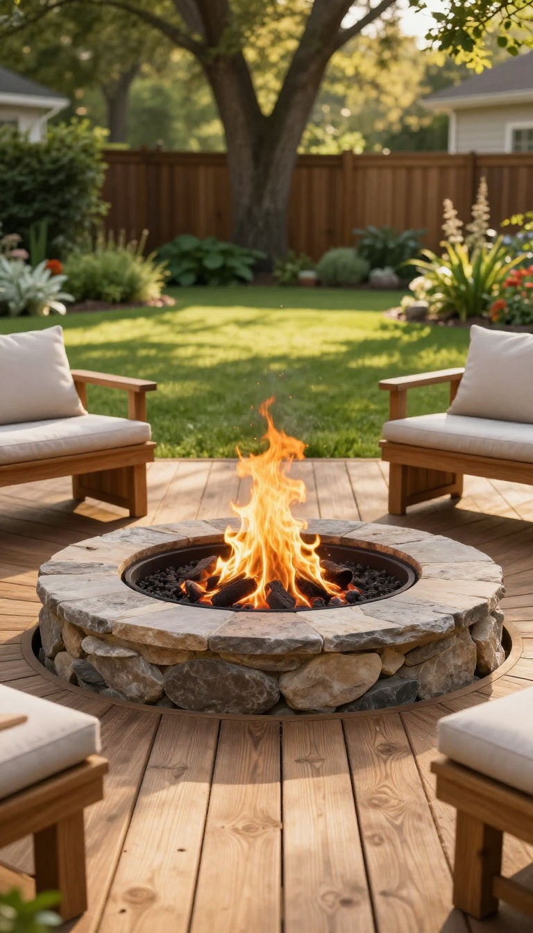 Sunken fire pit surrounded by a warm wooden deck at golden hour in a landscaped backyard