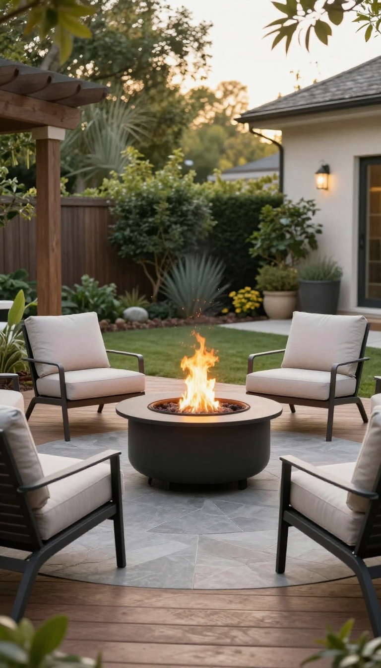 Backyard patio with a circular gas fire pit as the centerpiece, surrounded by lounge chairs on a wooden deck at golden hour