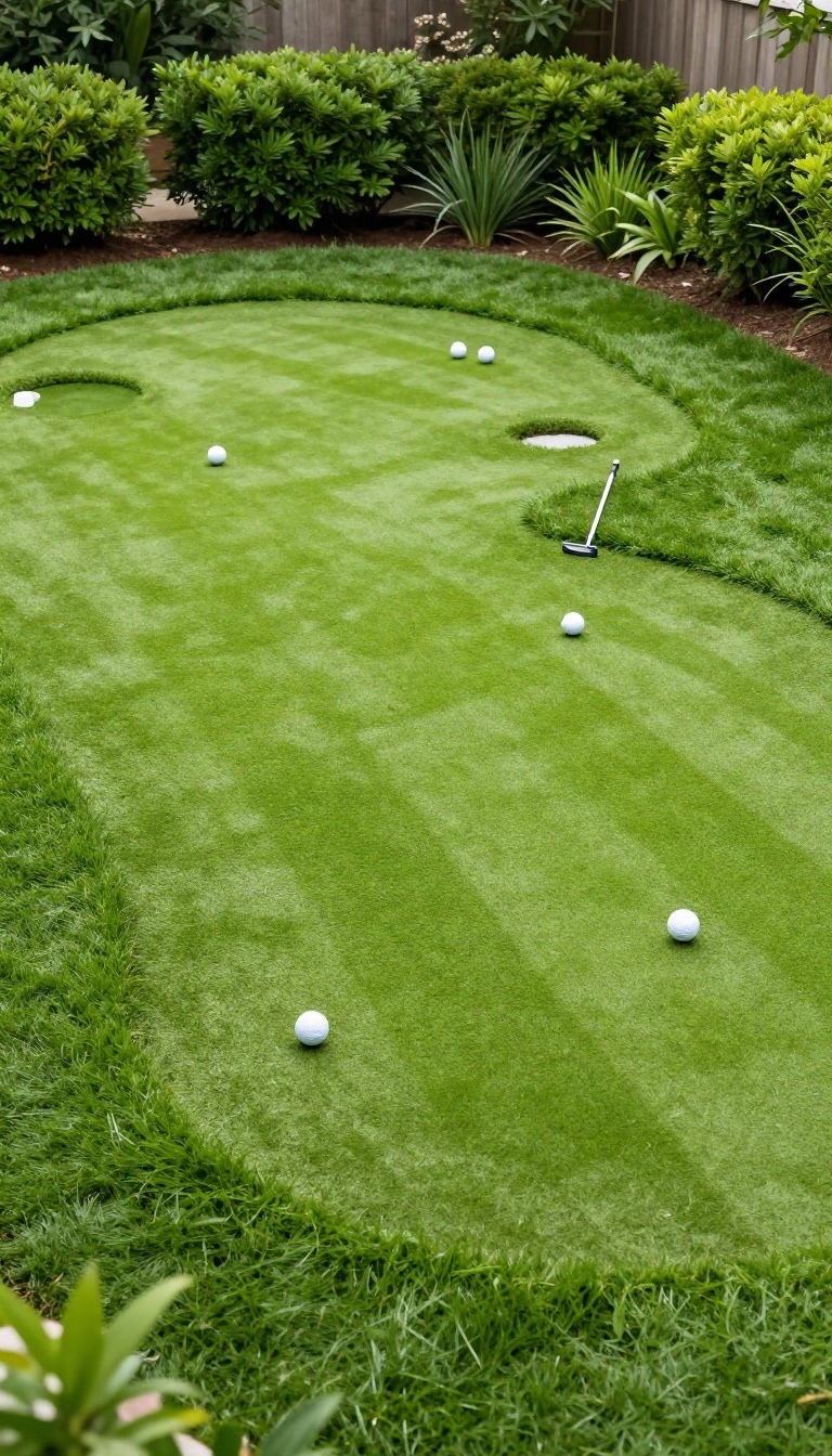Backyard artificial turf putting green with three holes, golf balls, and a putter in bright natural light