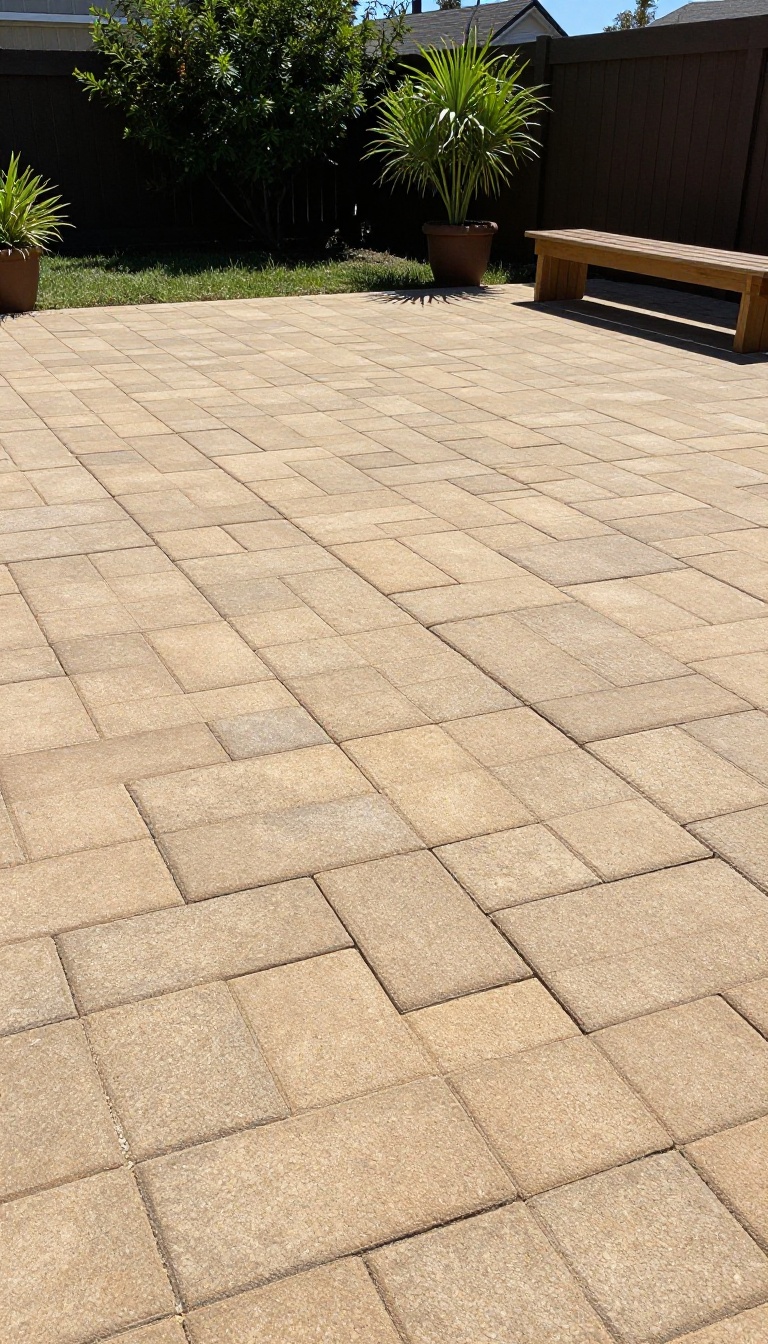 A budget-friendly paver patio with a simple pattern, surrounded by grass and potted plants, in a sunny backyard.