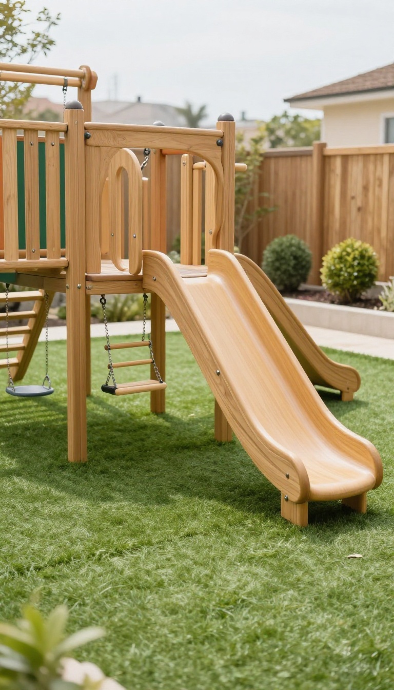 Backyard playset with a slide and swings set on soft green artificial turf with shock-absorbing padding underneath