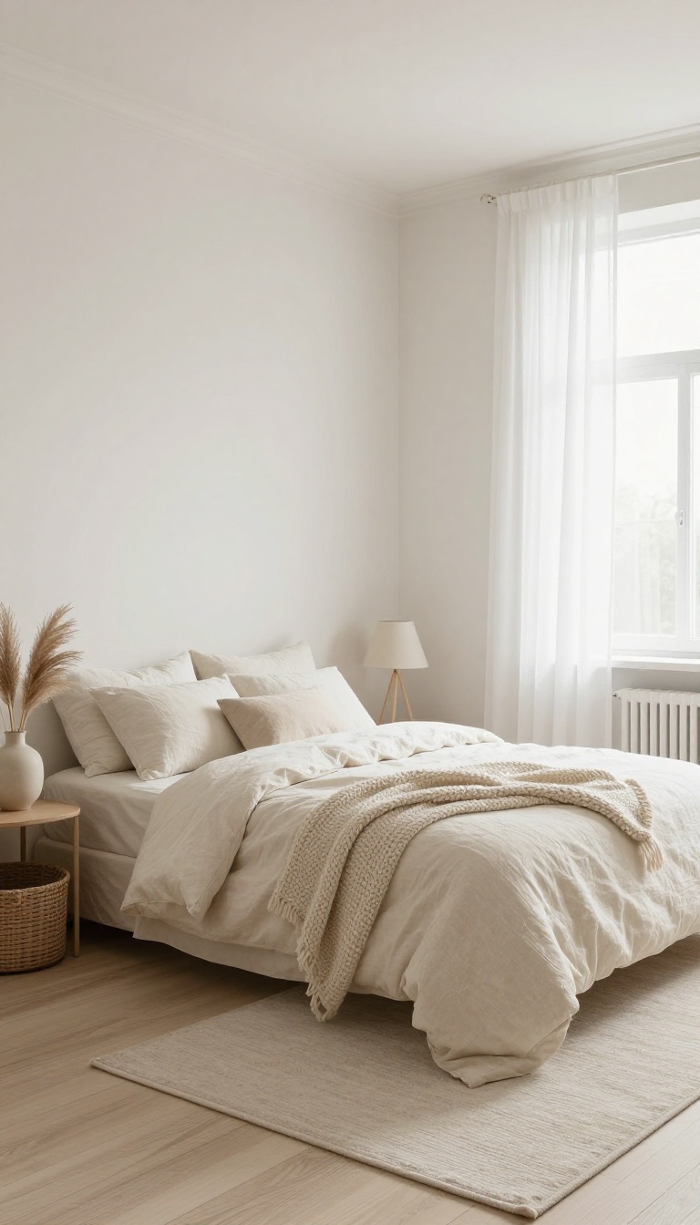 Small bedroom decorated in a light monochromatic cream and white palette with matching walls, ceiling, and trim, bright natural light, and soft textured bedding