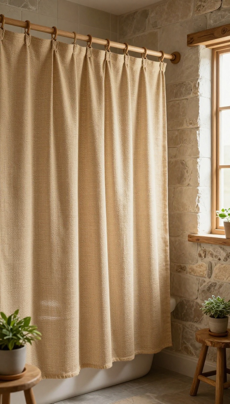 Small rustic bathroom with a textured burlap shower curtain on a wooden rod, warm natural light, and earthy decor