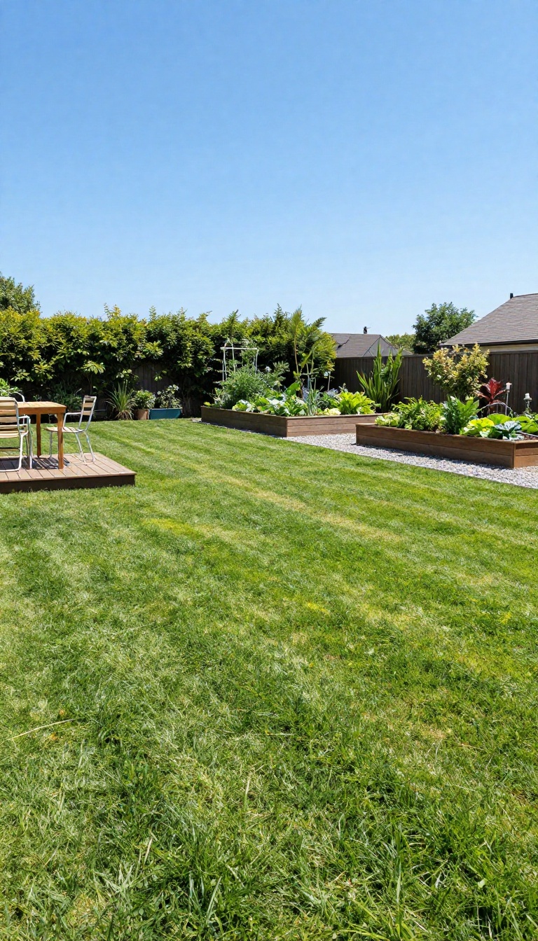 Open backyard lawn with flexible multi-use space bordered by a deck, garden beds, and gravel path in bright natural light