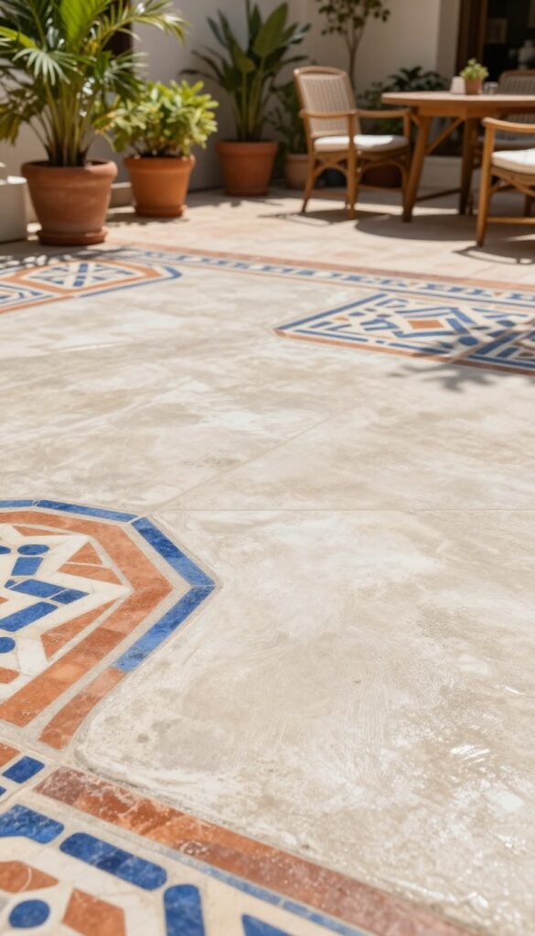 Stenciled concrete patio floor with a Moroccan tile pattern in terracotta, cream, and blue, surrounded by potted plants and outdoor furniture.
