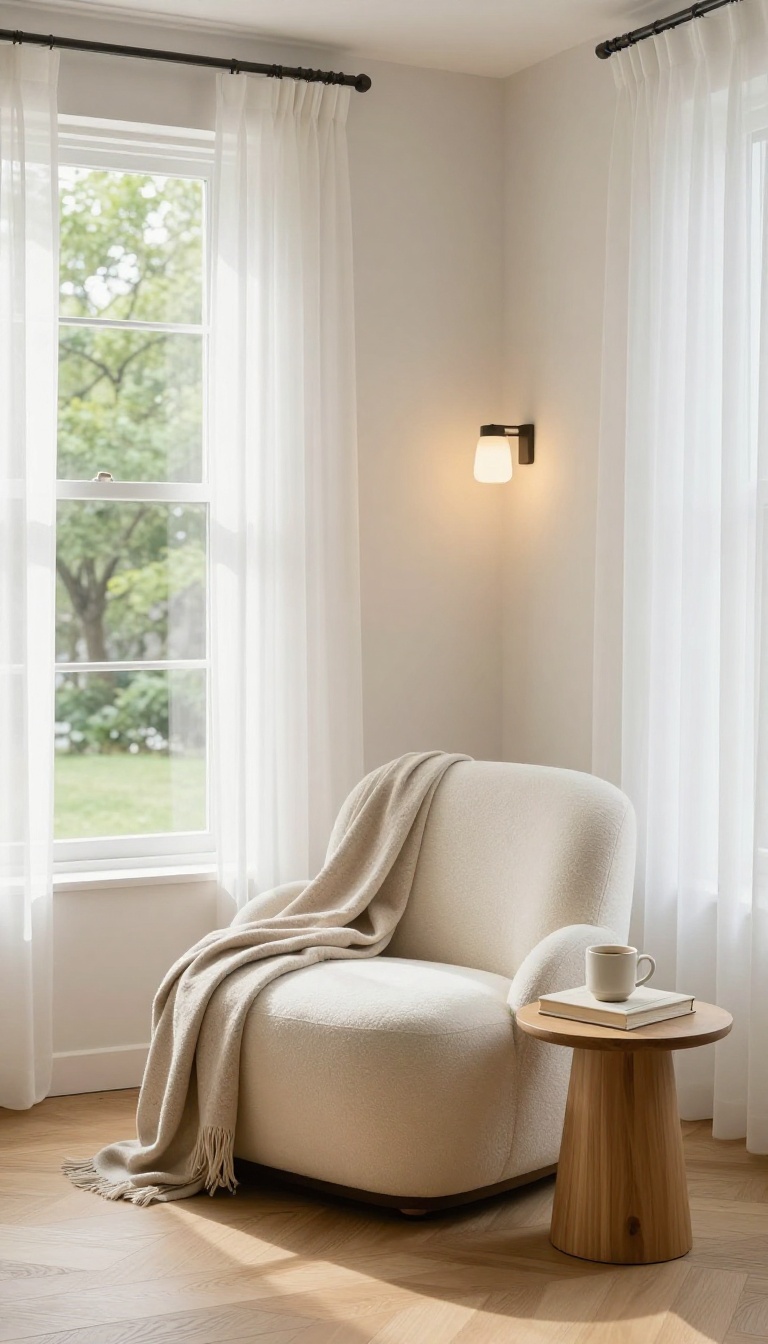 Cozy curved reading nook in a living room bay window with a rounded swivel chair, small round side table, and wall-mounted reading light in bright natural daylight