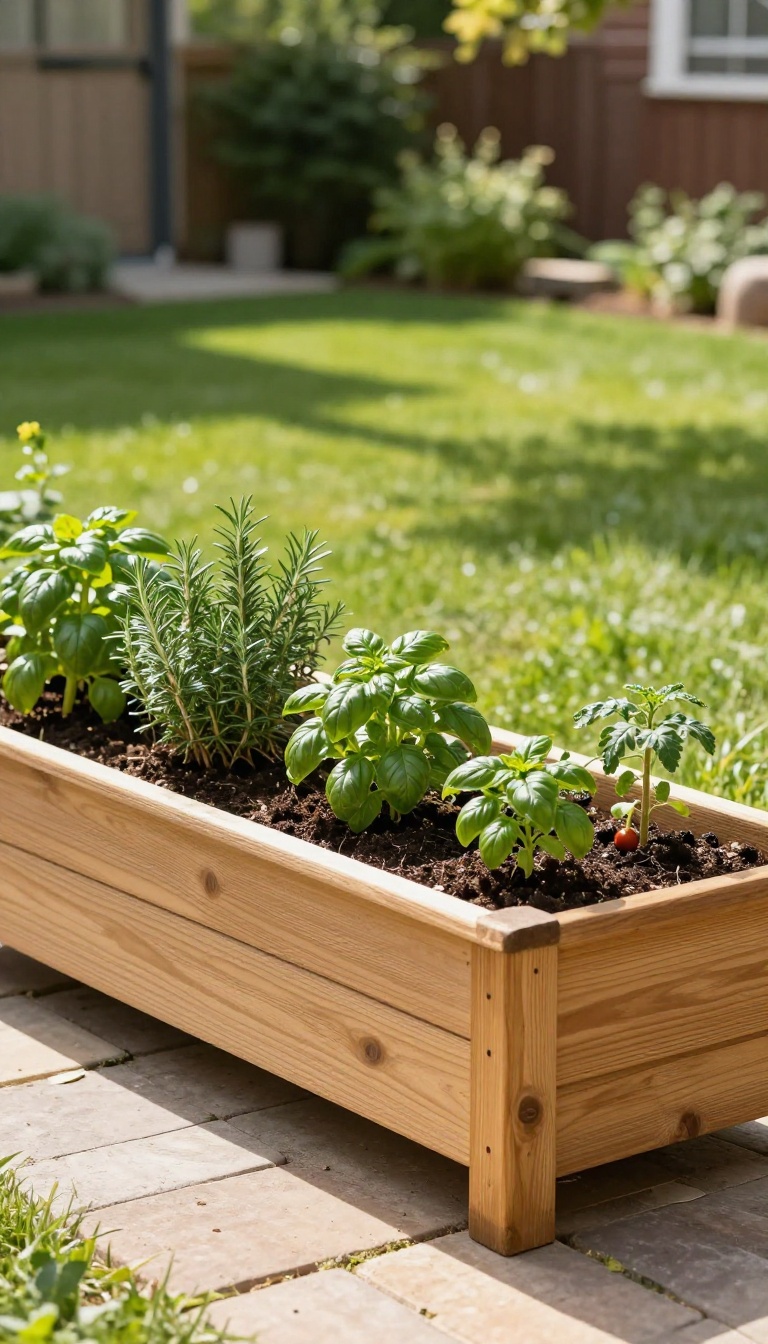 Cedar raised garden bed filled with fresh herbs and cherry tomatoes beside a back door in a sunny backyard