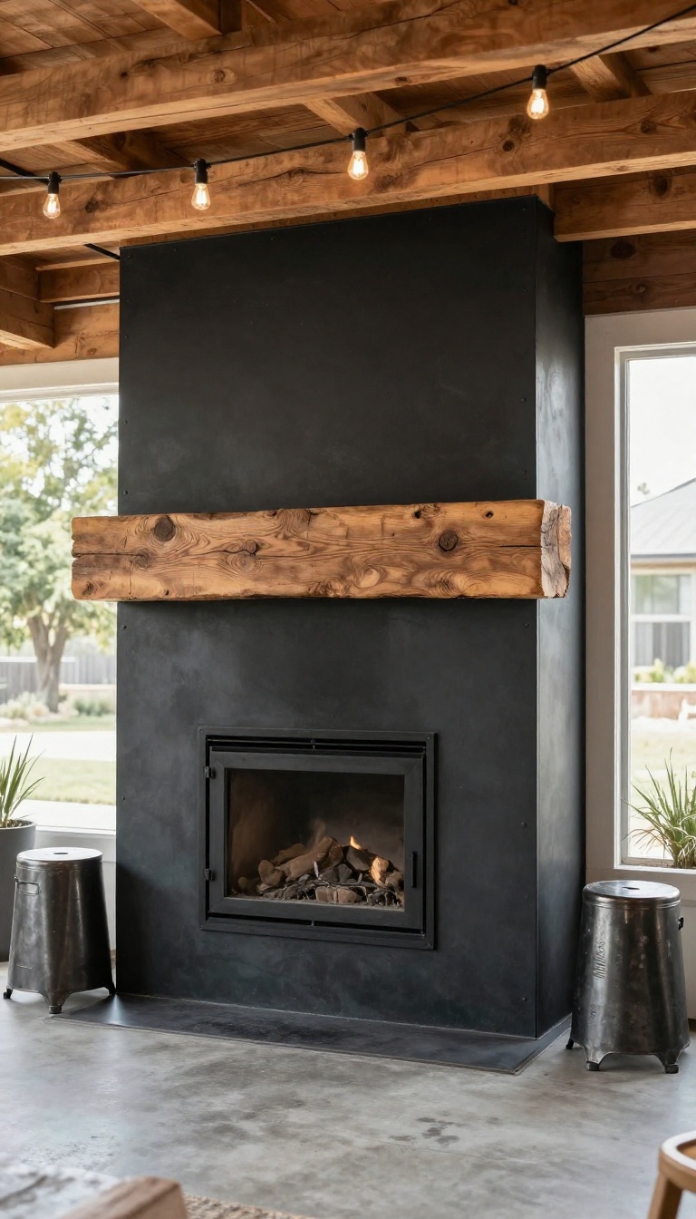 Covered patio with a fireplace featuring a reclaimed wood mantel and industrial metal accents