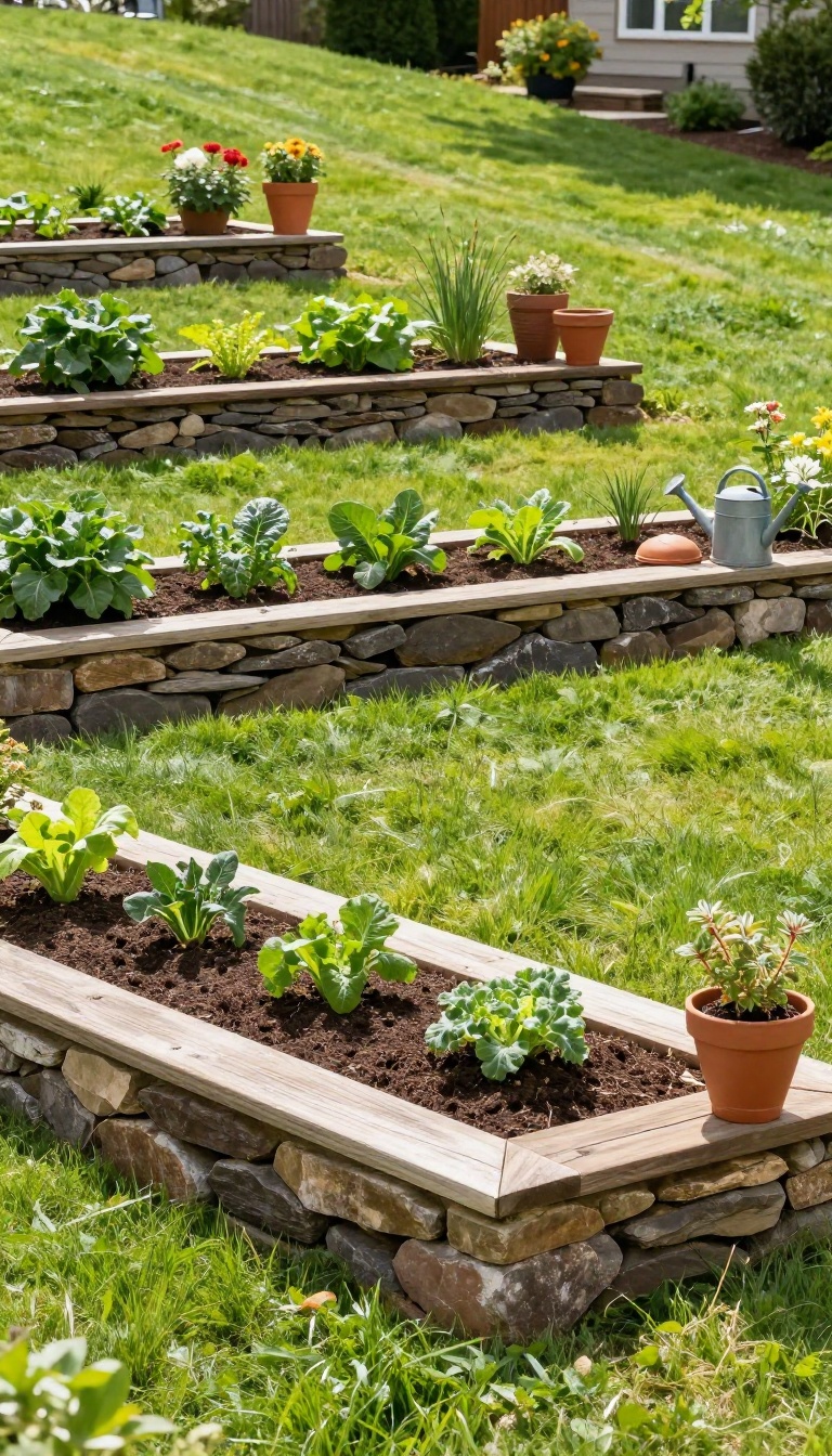Terraced garden beds built into a sloped backyard hillside with low stone retaining walls and rows of vegetables growing on flat planting tiers