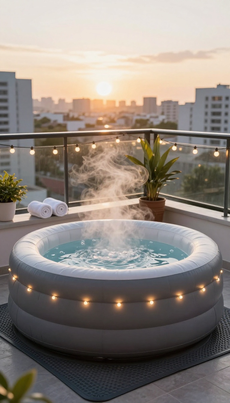 Compact round inflatable hot tub set up on a small apartment balcony with a non-slip mat, towels, and string lights at golden hour