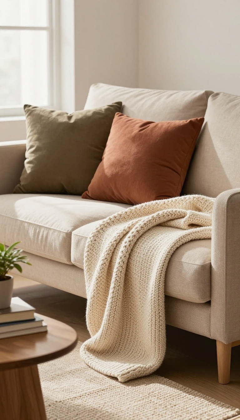 Tan couch with a cozy cream chunky knit throw blanket draped over the arm and back, styled with rust and olive pillows in a bright living room.