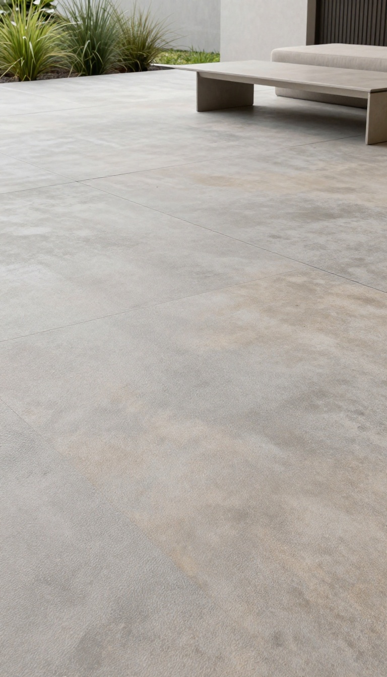 Modern minimalist patio with seamless stamped concrete in subtle gray and taupe color variations, surrounded by clean landscaping and sleek outdoor furniture.