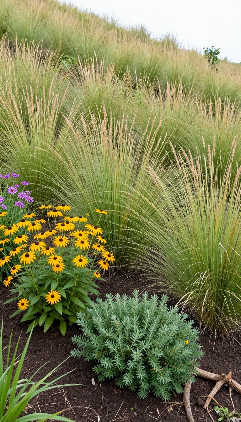 Steep backyard slope planted with native grasses, coneflowers, and shrubs holding soil in place under bright natural light