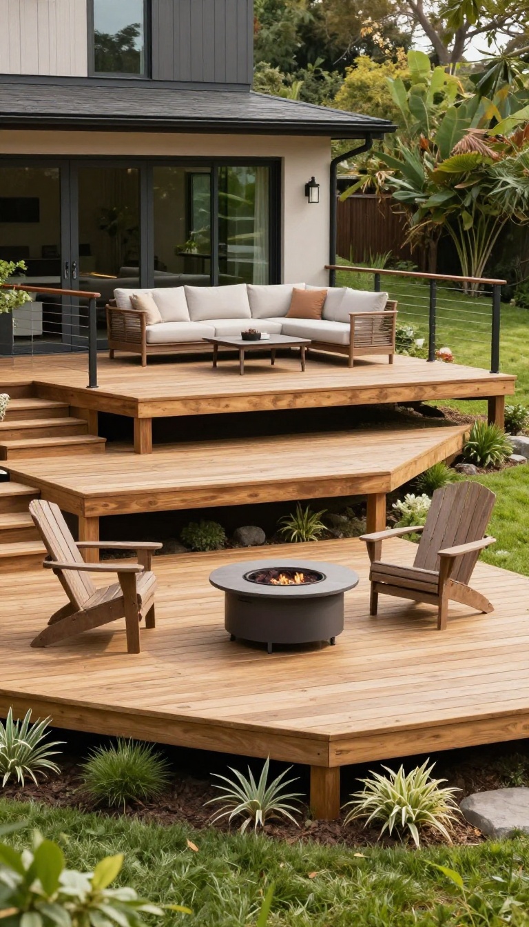 Multi-level backyard deck with tiered platforms stepping down a sloped yard, featuring a lounge area and fire pit surrounded by greenery