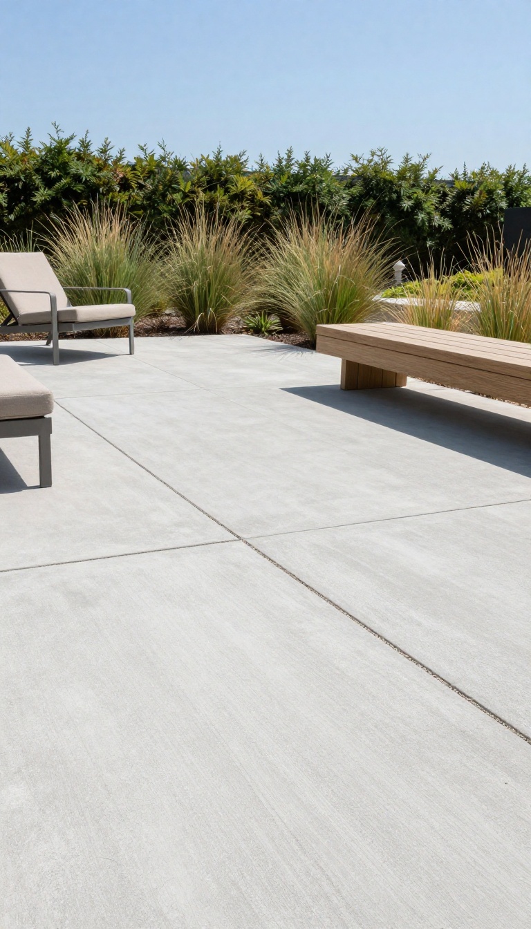 Modern backyard patio with large-format light gray concrete pavers and minimalist outdoor furniture in bright natural light