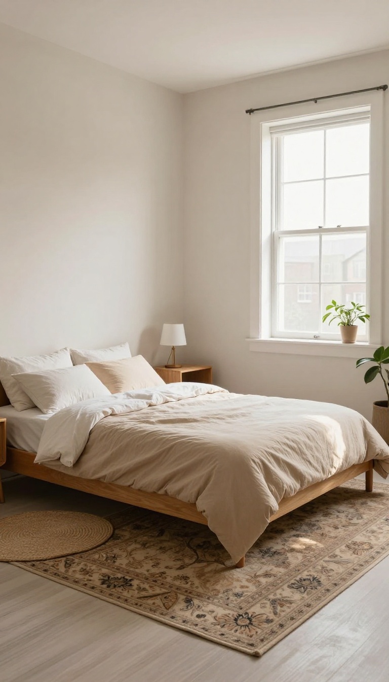 Small cozy bedroom with a patterned area rug anchoring the bed and a round rug defining a reading nook in soft natural light