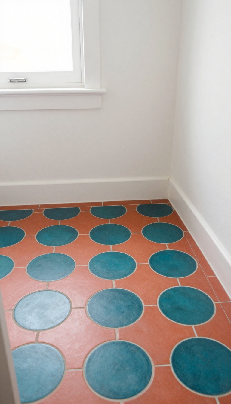 Bathroom floor with round penny tiles in a bold two-tone teal and coral color-blocked pattern with white grout