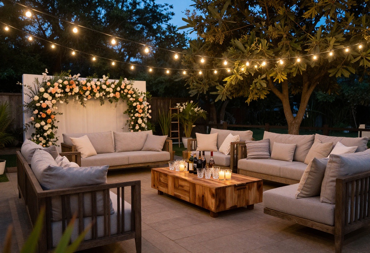 Backyard engagement party setup with string lights, flowers, and cozy seating at dusk.