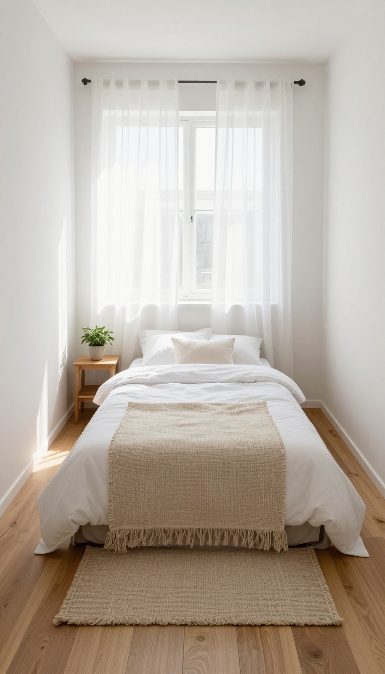 Narrow bedroom with a runner rug placed alongside the bed to define the sleeping zone in bright natural light