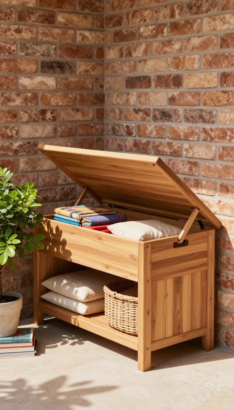 Outdoor storage bench with open lid showing cushions and a basket, placed against a brick wall on a sunny patio.
