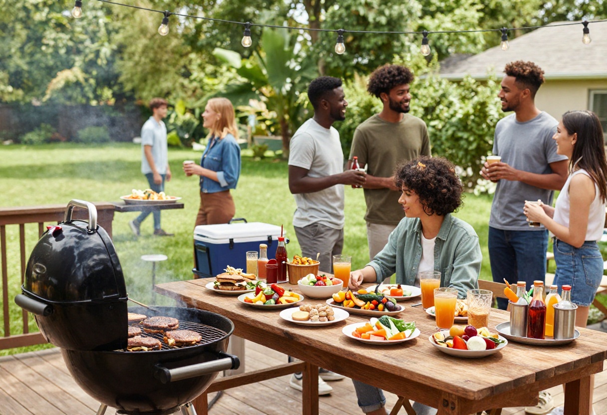 Backyard BBQ party with a grill, food table, and guests enjoying a sunny afternoon.