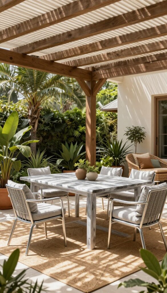 Covered patio with durable teak and aluminum furniture, all-weather wicker lounge chair, and plush cushions, under a pergola.