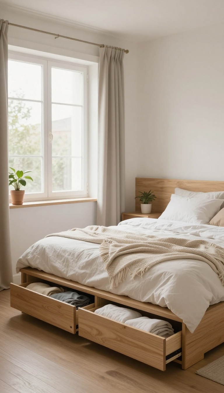 Cozy small bedroom with a low platform bed that has built-in storage drawers holding folded linens