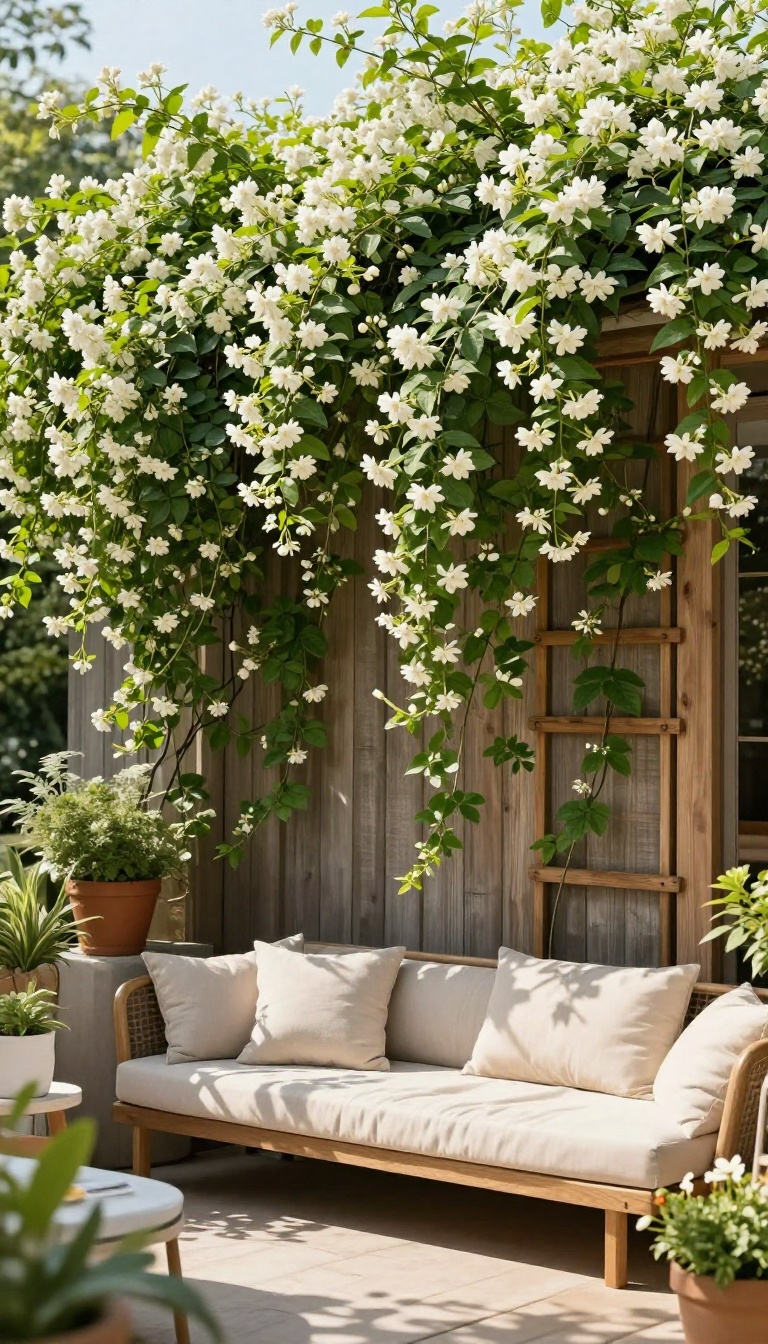 Climbing vines on a wooden trellis provide natural privacy for a cozy patio.