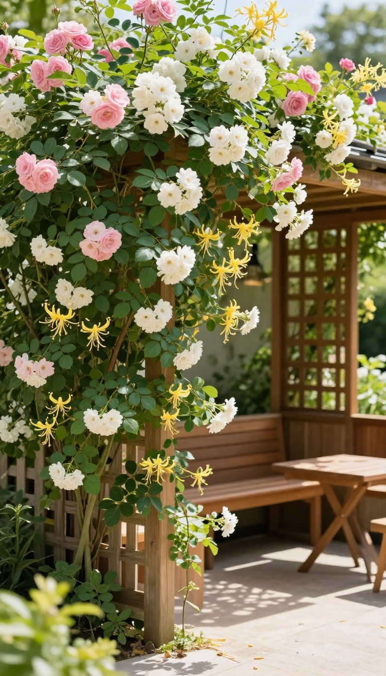 Wooden lattice panel with climbing roses and honeysuckle providing natural patio privacy