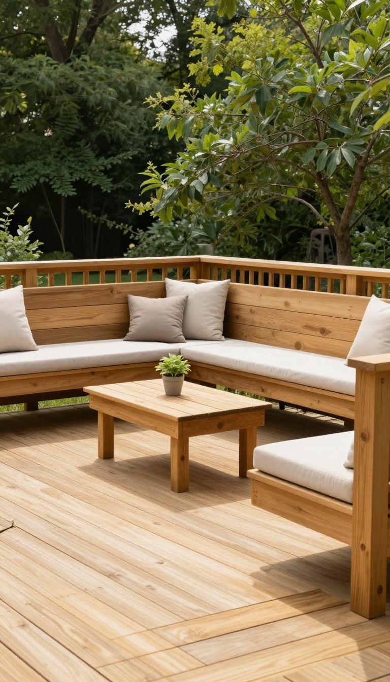 Built-in bench seating along a wooden deck railing with cushions and open floor space in a sunny backyard