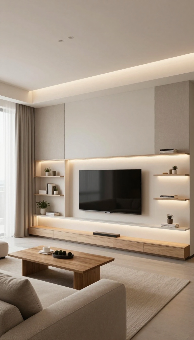 Modern living room with a custom media wall featuring integrated LED lighting and acoustic panels, creating a cozy and high-end focal point.