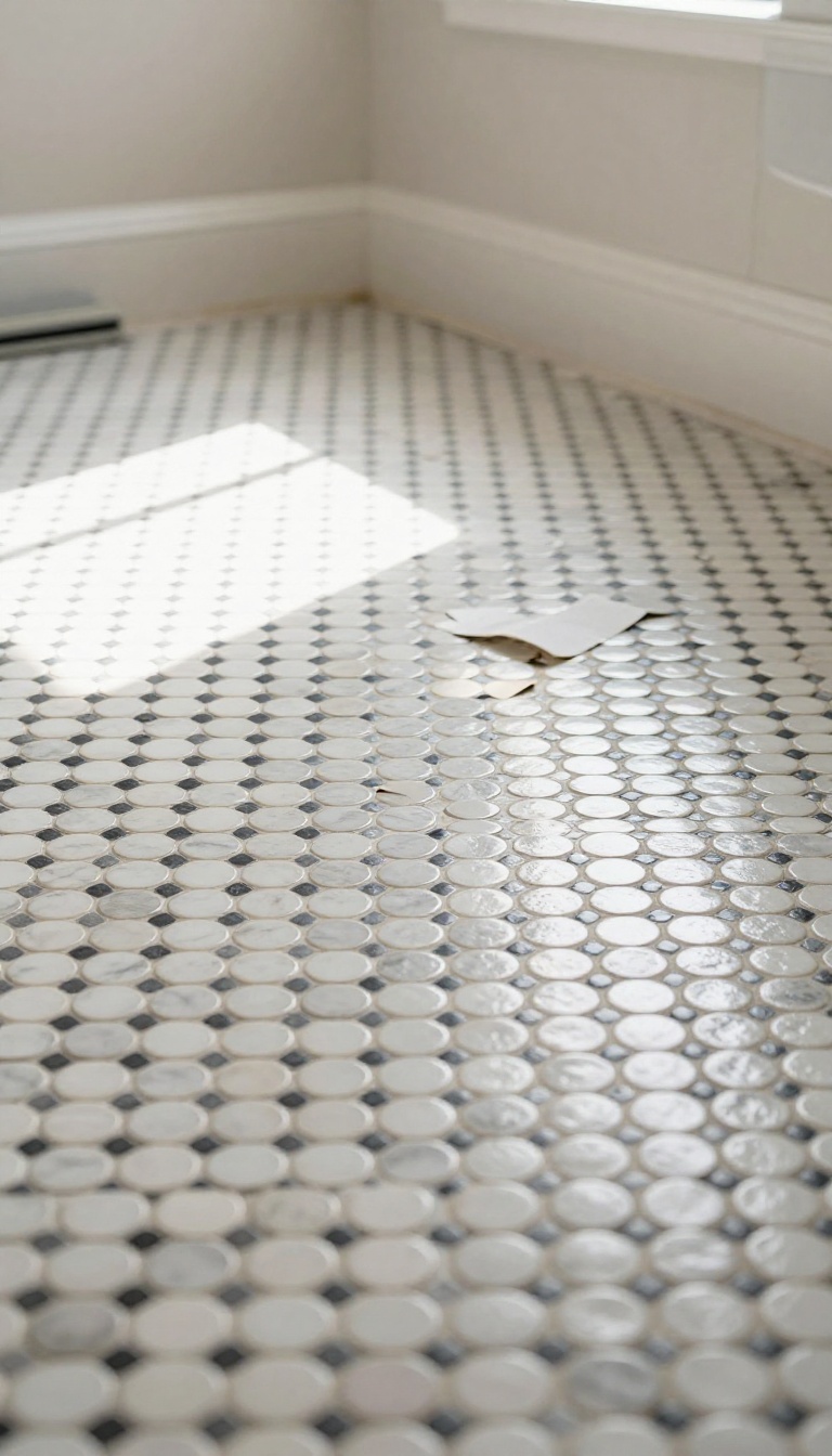 Bright bathroom floor with white penny tiles and black accents, with peel-and-stick tile sheets and a grout float nearby, showing a budget DIY installation.