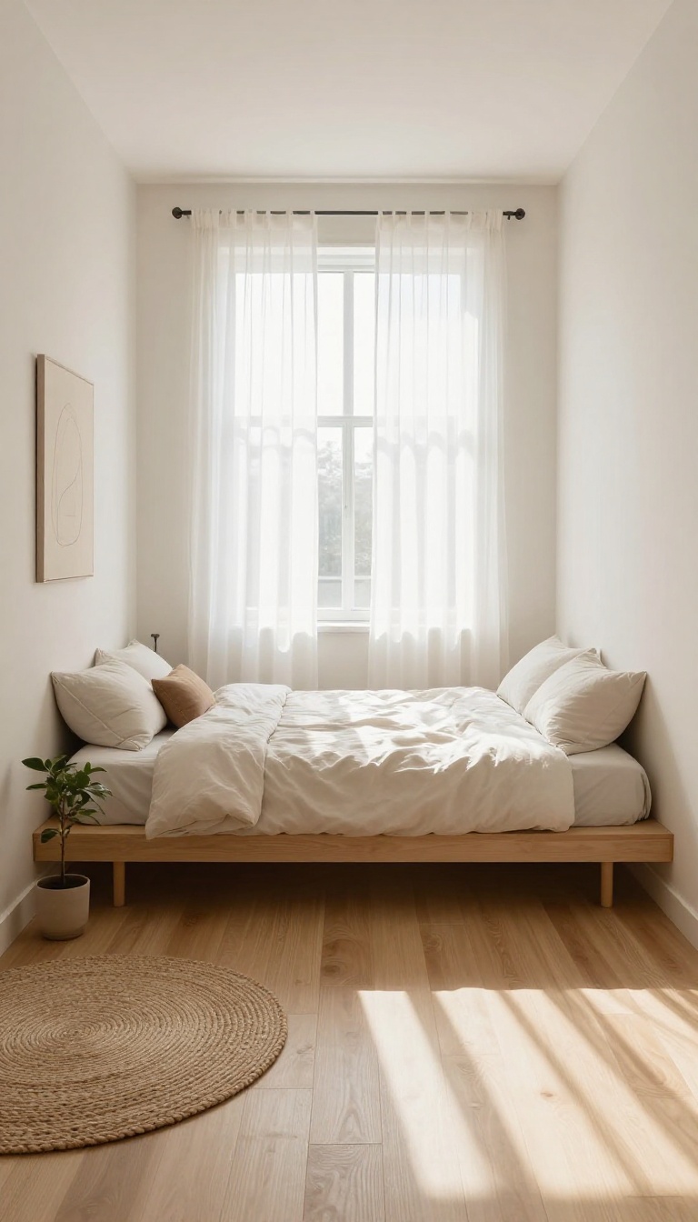 Small narrow bedroom with a platform bed centered away from the long wall, creating two walking paths and a balanced, airy layout.