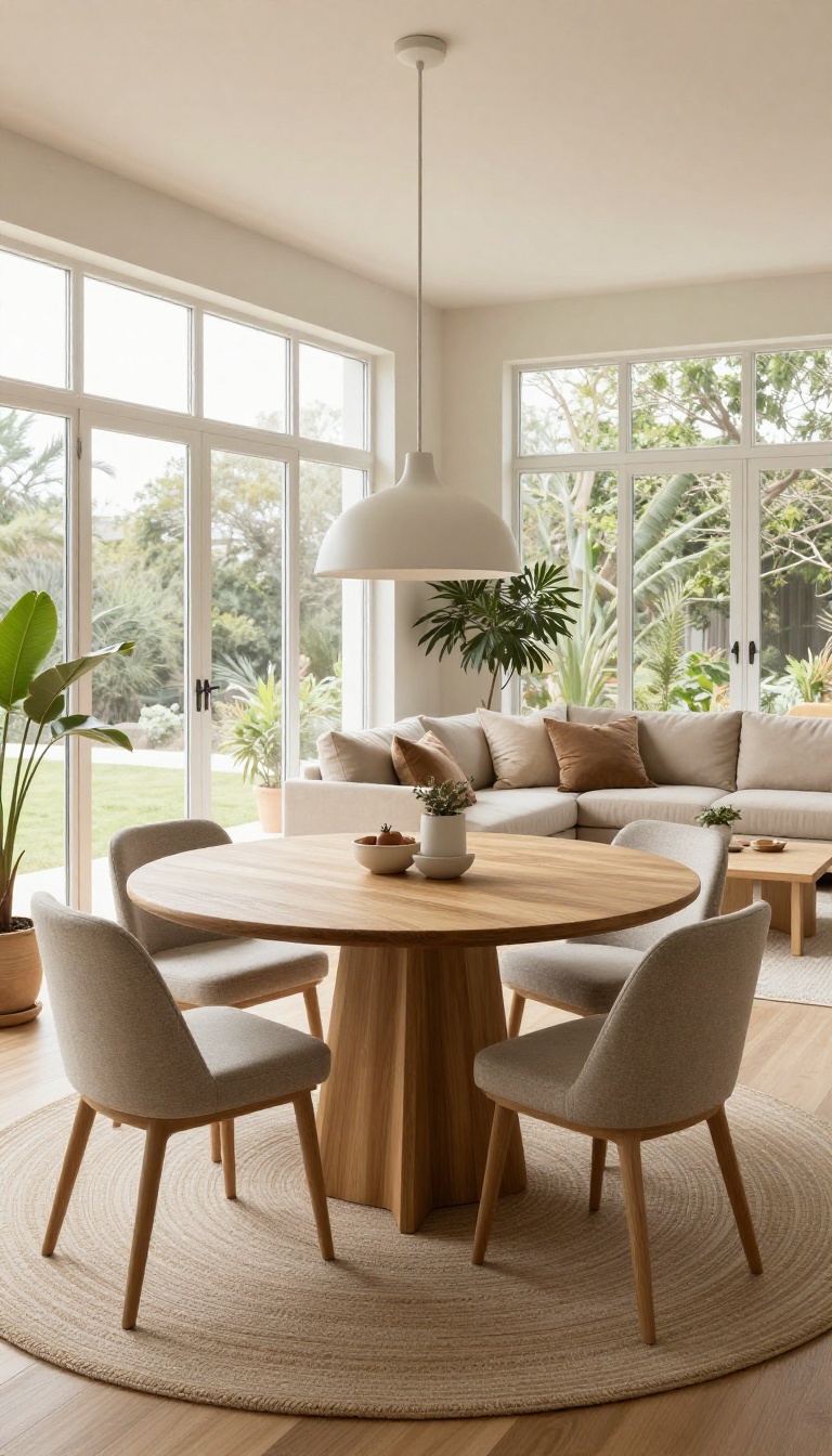 Enclosed patio with distinct dining and lounge zones, separated by area rugs and furniture arrangement