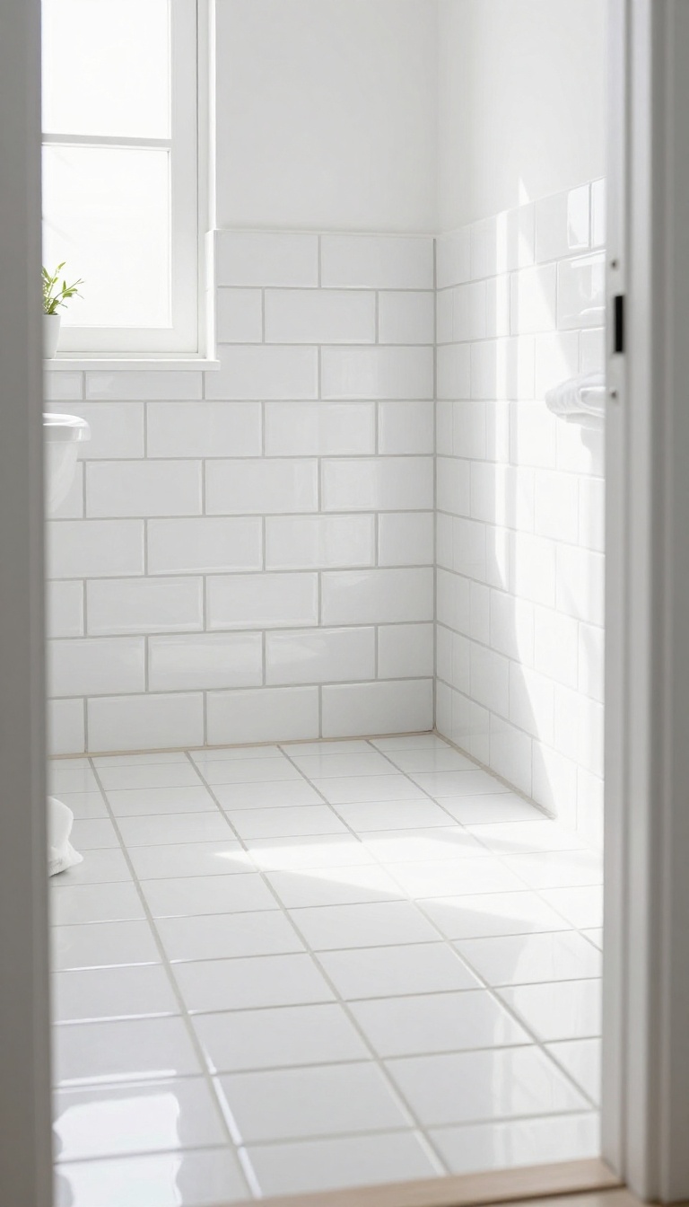 Bright small bathroom floor with white subway tiles in a stack bond grid pattern, grout lines forming clean vertical and horizontal stripes that draw the eye upward