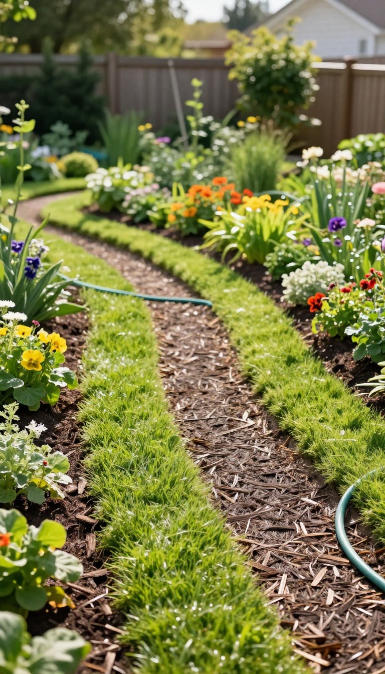 Freshly laid mulch pathway curving through a sunny backyard garden, defining clean lines between lawn and planting beds