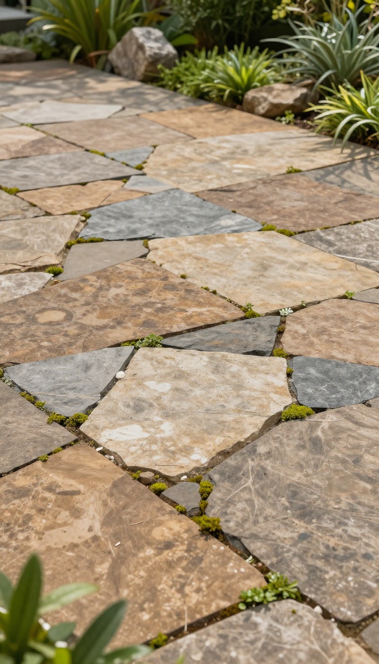 Stamped concrete patio with random stone pattern blending into garden